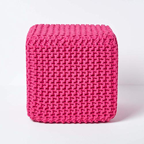 Homescapes gestrickter Sitzhocker Sitzwürfel pink, Strick Sitzpuff 35 x 35 x 35 cm, Strickhocker mit grob gestricktem Bezug aus 100% Baumwolle, Füllung aus 100% Polystyrol, rosa