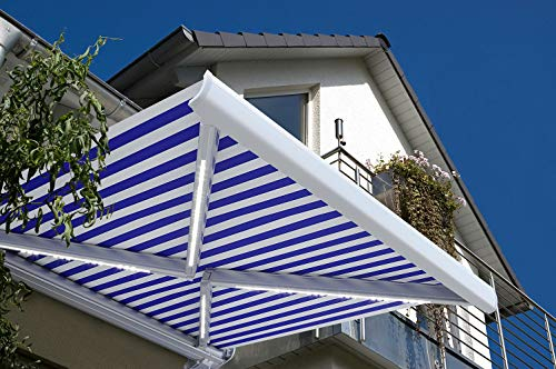 HOME DELUXE - Toldo cofre LED ELOS - azul marino-blanco, 350 x 250 cm - incluye sensor de viento y sol, mando a distancia, manivela, material de montaje I marquesina protección solar protección contra