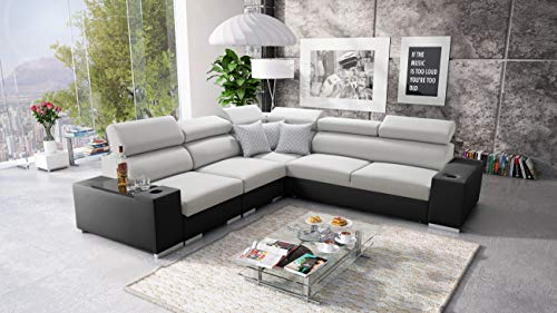 All4All Ecksofa mit Schlaffunktion Seo III - Schlafsofa mit Bettkasten - Sofa L-Form 282x282 cm - Eckcouch - Gewebe mit Kunstleder - verstellbare Kopfstützen - Linke Seite - Grau/Schwarz - Modern 26