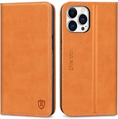 SHIELDON Case for iPhone 12 Pro Max, Genuine Leather Wallet Case with RFID Blocking, TPU Shell, Kickstand, Card Slots, Magnetic Closure, Flip Folio Cover Compatible with iPhone 12 Pro Max, 6.7, Brown