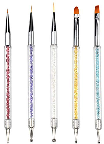 Jinlaili 5PCS Nail Art Liner Brush & Dotting Tool Set, Nylon Bristle, Acrylic Handle, White, Brown, Beige, Black, Multicolored