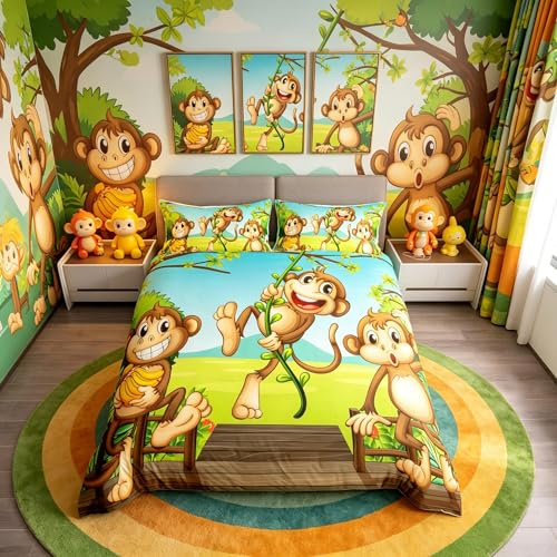 Loussiesd Monkey Duvet Cover Three Cartoon Monkeys Prined Bedding Set for Kids Boys Girls Safari Banana Vine Comforter Cover Cute Animal Bedspread Cover Bedroom Collection 2Pcs Single Size