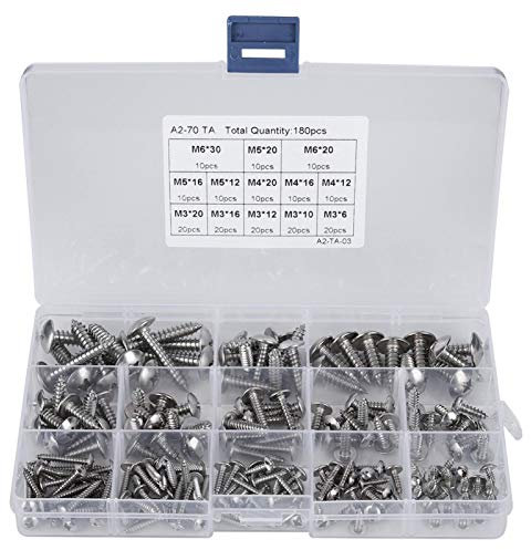 Vis à tête plate, 180 pièces M3 M4 M5 M6 ensemble de vis autotaraudeuses à tête plate en acier inoxydable à usage multiple