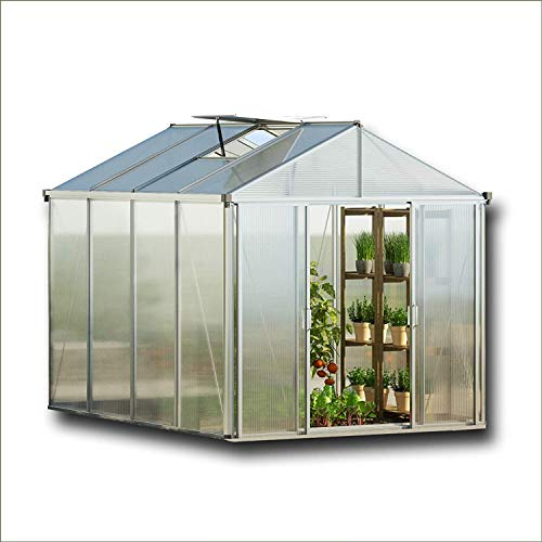 GFP Gewächshaus Titan 24 aus Alu 222x437 cm, Starke 10 mm Doppelstegplatten mit Zusatzfenstern, automatischen Fensteröffnern, Klapptisch