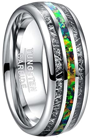 TUNGSTORY Wolfram Ring 8mm Hochzeitsring mit Mehrfarbig Opal und Nachgeahmter Meteorit Verlobungsring Unisex für Damen Herren Komfort Fit Größe 54.4(17.3)