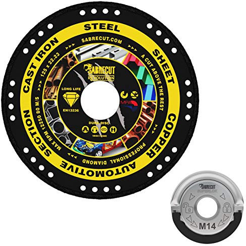 SabreCut VB125MEGRB 125mm (5 inch) x 22.23mm Bore Vacuum Brazed Metal Cutting Angle Grinder Diamond Disc Blade and 45mm M14 Quick Change Heavy Duty Grinder Locking Retaining Flange Nut Kit