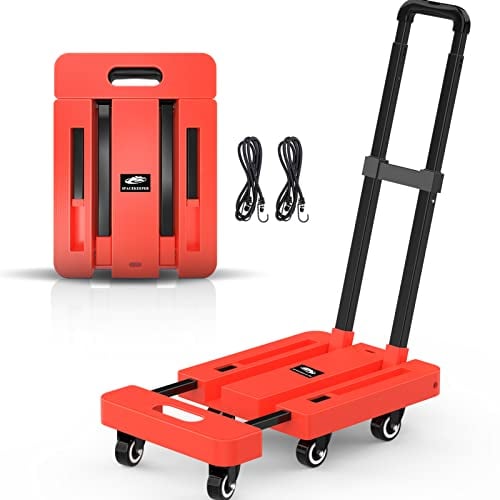 SPACEKEEPER Klappbarer Handwagen, 227KGS Schwerlast-Plattformwagen mit 6 Rädern und 2 elastischen Seilen für Gepäck, Reisen, Auto, Einkaufen, Umzug und Büro, Orange