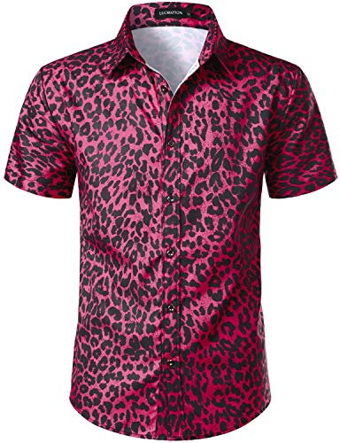 LucMatton Chemise hipster boutonnée à manches courtes pour homme Imprimé léopard, rose rouge, M