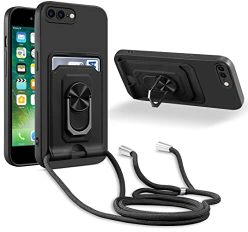 JMstore Coque Cordon de Collier Compatible avec iPhone 7 Plus/iPhone 8 Plus, 360°Anneau Support avec Fente Carte Protection de la caméra Silicone Case-Noir
