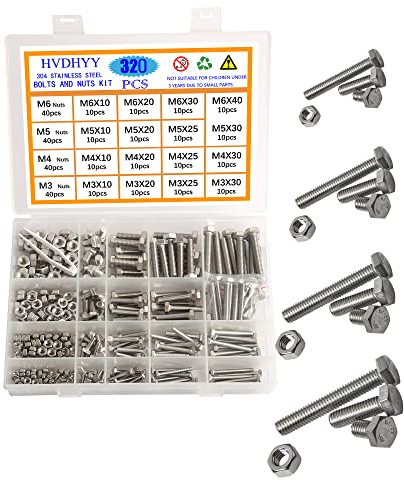 HVDHYY Vis a Tête Hexagonale DIN 933 M3 M4 M5 M6 Vis Écrous A2-70 Vis Filetées en Acier Inoxydable Écrous Et Boulons Contient 16 Tailles Les Plus Populaires avec Boîte Rangement Réutilisable 320pcs