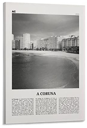 A Coruna Print Black And White, A Coruna Wall Art, A Coruna Poster, A Coruna Photo, A Coruna Wall Dé Poster, Aesthetic Canvas Wall Art Print Retro Wall Decor Rahmen 60 x 90 cm