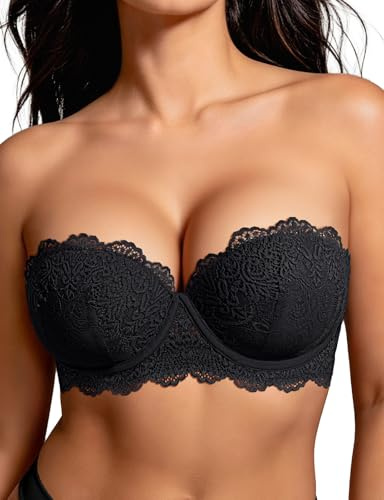 Amafuur Push Up Strapless Bra with Clear Straps Heavily Padded Add 2 Cup Multiway Sexy Lace Balconette
