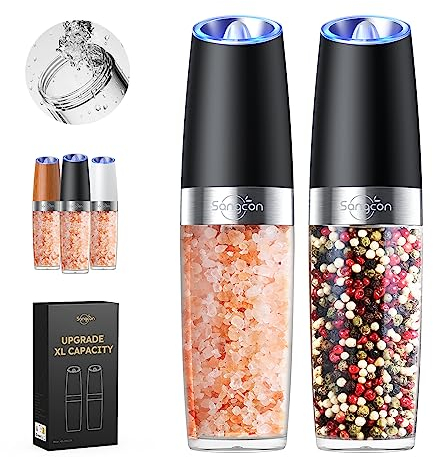 Sangcon Gravity Electric Salt and Pepper Grinder Set Mill Battery 9oz XL Capacity Refillable One Hand Operation Adjustable Coarseness Automatic Pepper Grinder Mill Set Shakers for Kitchen Black