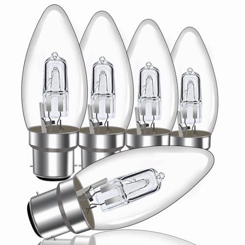 42W B22 Candle Bulbs Dimmable C35 Bayonet Cap Candle Bulbs 650LM Warm White 2700K, B22 BC Clear Candle Light Bulbs for Chandeliers, Wall Lights, Desk Lamps, AC 230V, Pack of 5
