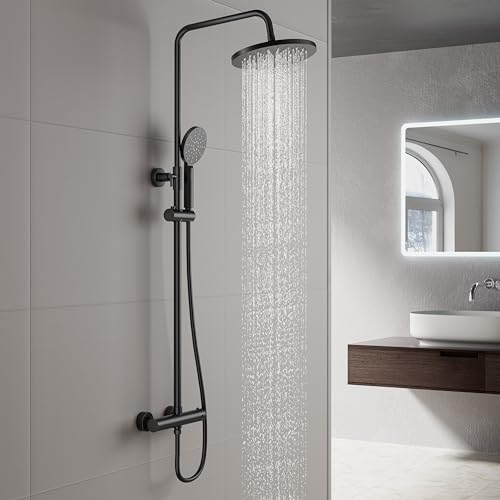 Heilmetz Duschsystem mit Thermostat 25x25cm Regendusche Duschset 304 Edelstahl Duschsäule mit Kopfbrause und Handbrause Duschsystem Regendusche Verstellbarer Duschstange 800-1180mm -Schwarz