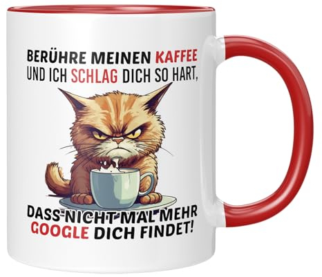 TassenTicker TASSENTICKER - Berühre meinen Kaffee und ich schlag dich so hart - Becher für die Arbeit - Büro - Job - Arbeitskollegen - Geschenk - launisch - Katze - Rot