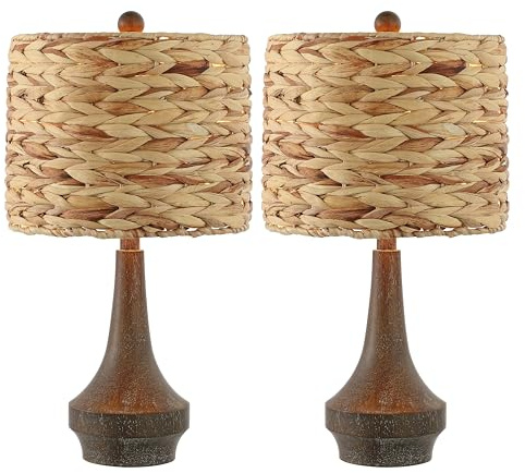 JONATHAN Y 21 Brown Wood Finish Resin Gourd Table Lamp Set of 2, Rustic Farmhouse Handwoven Water Hyacinth Shade, Southwestern Bedside Lamp for Bedroom, LED Bulbs Included JYL4051A-SET2
