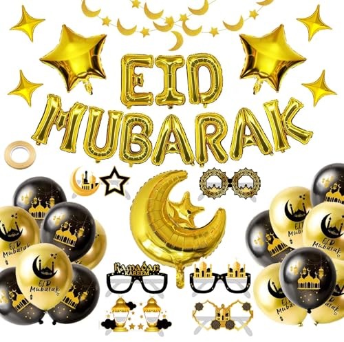 FINEVERNEK Eid Mubarak Ramadan Ballons,Schwarzes Gold Dekoration Eid Mubarak,Eid Mubarak Dekoration Luftballons mit Eid Deco Accessoire,Eid Party Dekoration Supplies