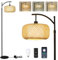 Rayofly Arc Floor Lamp for Living Room, Dimmable Floor Lamps with Remote Control, Boho Rattan Floor Lamps with Bamboo & Fabric Double Shades, Rustic Standing Lamps for Bedroom, Smart LED Bulb Included