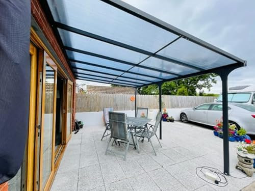 Wall Mounted Pergola Outdoor Aluminium Gazebo Large Lean To Patio Deck Post Garden Car Port Structure House PC Roof conservatory Canopy UV Sun Shade Shelter