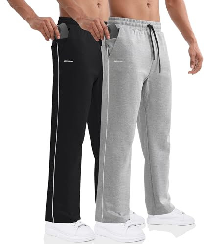 BROKIG 2er Pack Gerade Hose Herren Laufhose Lang Hose Offener Beinabschluss,Loser Passform Sporthose Herren Freizeithose mit Taschen Komfortable Trainingshose für Männer (Schwarz-Hellgrau,L)