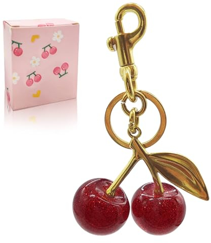 EIOYUMY Porte-clés en Forme de Cerise, Breloque pour Sac à Main, Accessoires en Résine Brillante et Métal, Rouge, Taille L