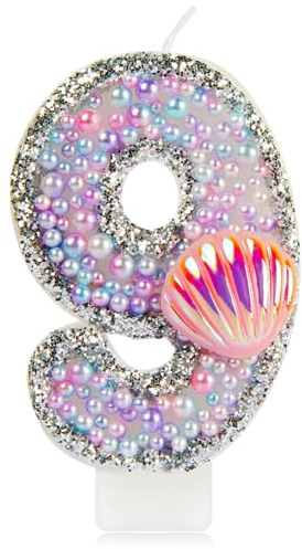 Rosa 9th Geburtstagszahl Kerzen, Glitter Meerjungfrau Nummer 9 Kerze mit rosa Muschel Pailletten, Rosa lila Perlen Kuchen Kerzen für Mädchen Meerjungfrau Thema Geburtstag Dekorationen Party Zubehör