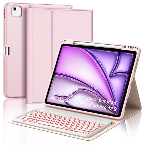 Custodia con Tastiera per iPad Air 13 M2 2024/M3 2025 – Tastiera Magnetica Retroilluminata a 7 colori, Tastiera Italiana QWERTY Bluetooth Staccabile, Slot per Apple Pencil, Oro Rosa
