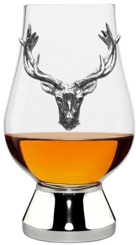 English Pewter Company WGP021 - Bicchiere da whisky Glencairn da 200 ml, con testa di cervo in peltro e base