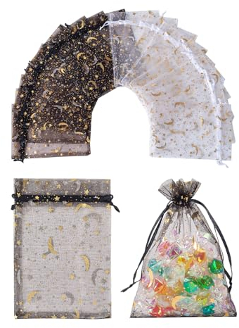 STARUBY Packung mit 100 Schwarz und Weiß Organzasäcken 10 x 15 cm 2 Arten von Druck Organzabeutel Geschenkbeutel Kordelzug Geschenkbeutel Mesh-Beutel für Hochzeit Halloween Party Schmuck Candy Bag