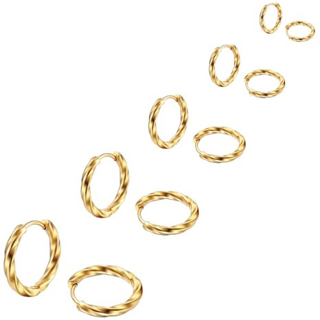 Hinvan 5 Paar Set Titan Edelstahl Ohrringe für Damen Herren Mädchen, Ohrringe Herren Creolen, Ohrringe Damen Creolen Ohrringe Gedrehte Ohrringe Männer Creolen, Ohrringe Creolen Klein 8-16MM (Gold)