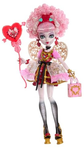 Monster High Scary Sweet Birthday-Puppe, Cupid Asteria im rosa und roten Partykleid mit themenbezogenem Zubehör wie Einladung, Luftballon, Geschenk und mehr, JBG77