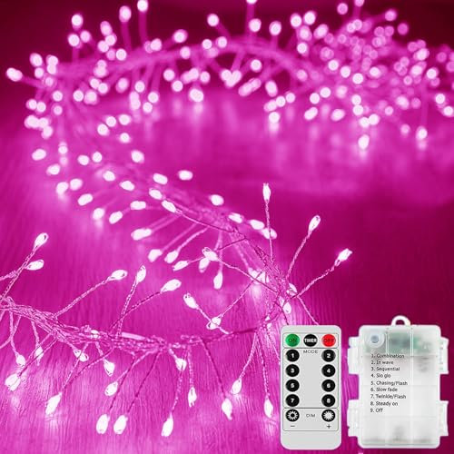 KINGCOO Cluster Fairy Lights with Remote, 29.5FT 300LED Silver Wire Firecracker Garland String Lights Battery Operated with Timer for Outdoor Indoor Bedroom Wedding Christmas Party Decor (Pink)