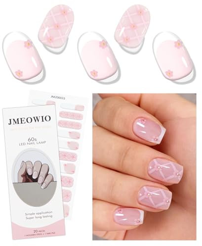 JMEOWIO Gel Nail Stickers French Tip White Pink Flower Semi Cured Gel Nail Strips Wraps UV/LED Nails Art Design Decoration Accessories
