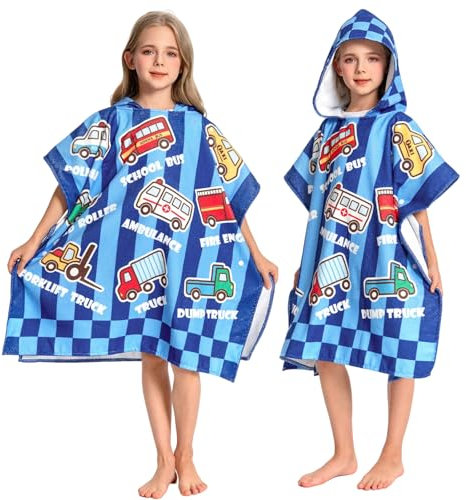 OLAOLA Kinder Badeponcho Handtuch mit Kapuze, Strand Umkleidemantel, Saugfähige Schnelltrocknendes Badetuch Poncho, Schwimmtuch für Jungen Mädchen 3–12 Jahren (Auto)