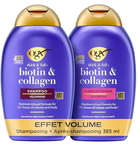 OGX - Shampooing + Après-Shampooing Biotin & Collagen Effet Volume (2 flacons de 385 ml) – Routine de soin cheveux à la biotine et au collagène – Soin capillaire pour 72h de volume