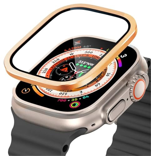 EPANO Vidrio templado para Apple Watch Ultra 49mm marco de Metal de titanio película antiarañazos para accesorios protectores de pantalla Serie Ultra 2(Gold 3)