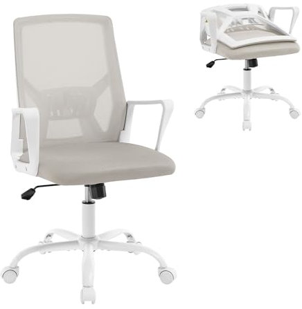 Klihome Ergonomischer Bürostuhl, Computerstuhl mit Faltbarer Rückenlehne, Höhenverstellbarer Arbeitsstuhl Drehstuhl, Netzstuhl mit Wippfunktion, Hellgrau