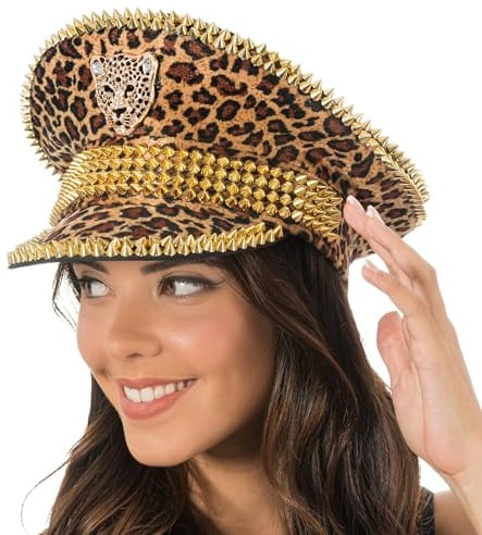 Chaks - Hut mit Leopardenmuster und Nieten, Kostüm Accessoire | Für Karneval, Festival und Cosplay, Leoparden Design mit goldfarbenen Nieten und Zierdetail