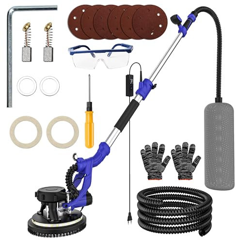 Oamger Levigatrice da parete elettrica pieghevole, 1250 W, 5 velocità (800-1800 RPM), con aspirapolvere incorporato, luce LED, manico telescopico, cavo 4 m, 6 fogli di carta vetrata inclusi (A)