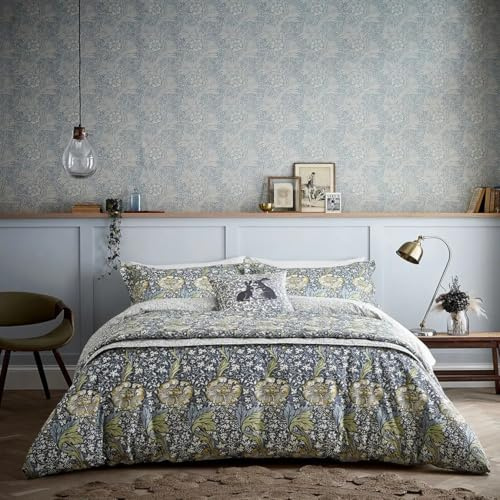 Morris & Co William Morris Indigo & Gold Kennet Double Duvet Cover Set, 100% Cotton, 200 x 200cm, Includes 1 Duvet Cover and 2 Pillowcases