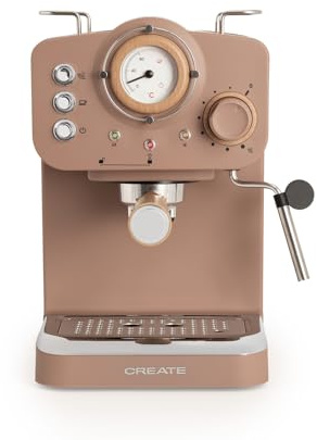 CREATE / THERA RETRO/Cafetière express semi-automatique moka mat et bois / 20 bar, bras à double écoulement, réservoir 1,25L, café moulu et monodose ESE 55mm, avec steamer, 1100W