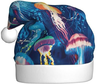 WYCZHY Weihnachtsmütze mit farbigen Quallen-Druck, rote Mütze für Erwachsene, Damen, Herren, Accessoire mit Wintermützen