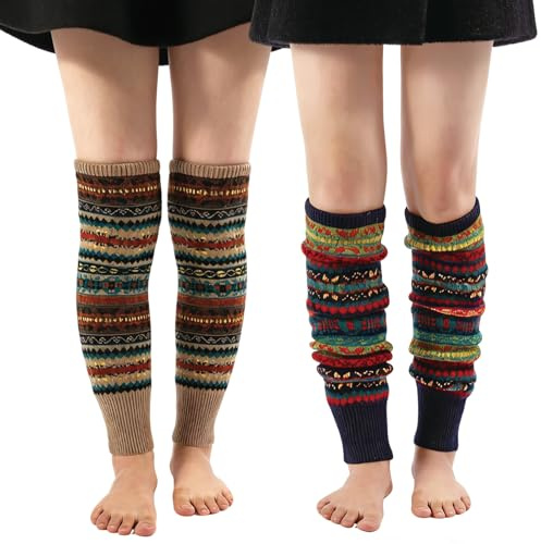 JWRHUH Stulpen Damen,Langlebig Wärmen Leg Warmers Beinstulpen Damen mit Bohemian-style,Gestrickt Stulpen für Damen Verdicken Beinstulpen,Für Winter,Tanz,Sport und Alltagsoutfits (2, blau + hellgrün)