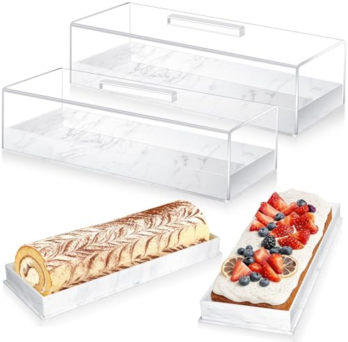2 Pack 35x13x9cm Acrylic Cake Trays, Rectangular Cake Stands with Lids | White marble dessert display case with removable clear cover; reusable pastry holder for afternoon tea, parties and cafés