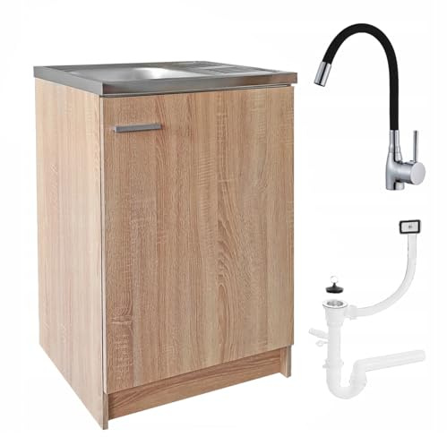 Stamar Spülenschrank Küchenschrank 60 cm Sonoma Spüle mit Armatur und Siphon Geschirrspüler Komplett Montagefertig