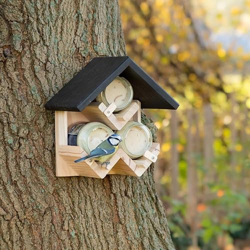 CJ Wildlife Erdnussbutterhaus – Vogelhaus zum Aufhängen – Holz FSC® 100% Braun – Triple Halter mit großem Volumen und Holzleiste
