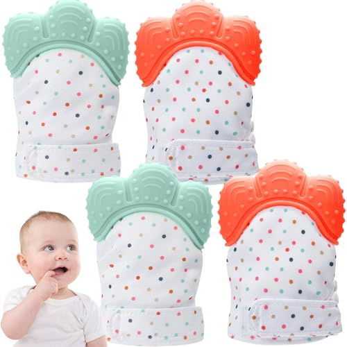 2 paires de moufles de dentition, moufle dentition réglable en silicone qualité alimentaire pour bébé, membrane phonique intégrée, stimulation sensorielle pour bébé 3 à 6 mois, moufl