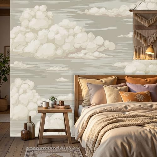 WIVCOMD Rétro Brumeux Papier Peint, Nuages Dans Le Ciel Papier Peint en Soie Panoramique Décoration Murale Beige Pour Salon Chambre Tapisserie Wallpaper Mural, 200 x 140 cm