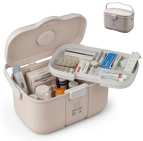 Relaxdays Medizinbox, 4 Fächer, Pillenfach, entnehmbarer Einsatz, Hausapotheke, Kunststoff, HBT: 17 x 28 x 18 cm, beige